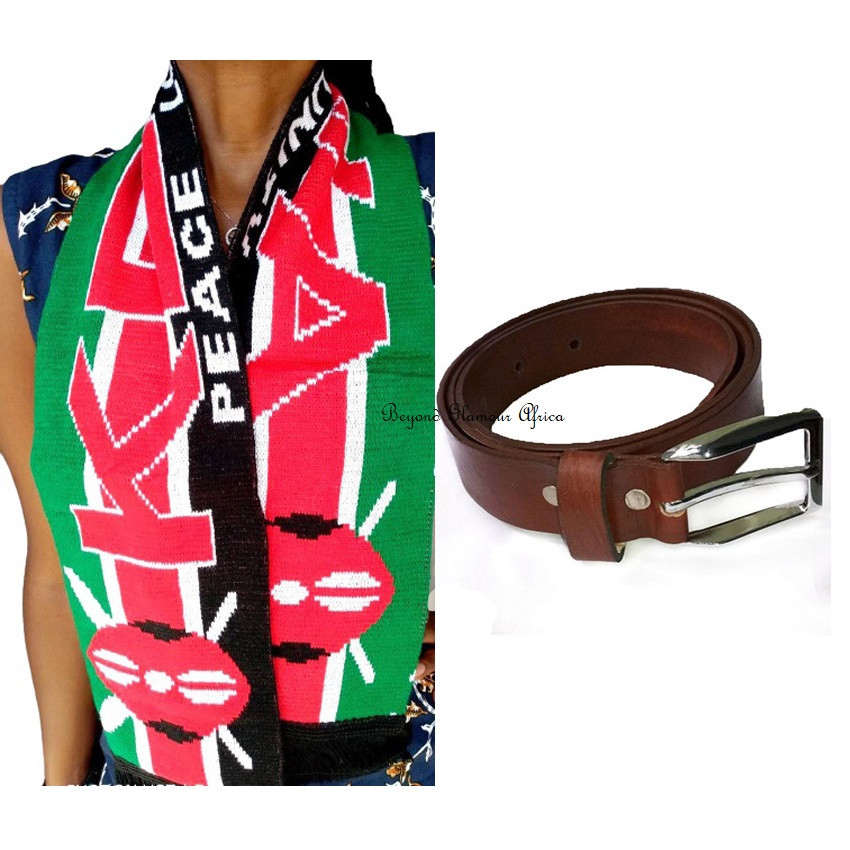 Unisex Kenya knit scarf with brown leather belt
