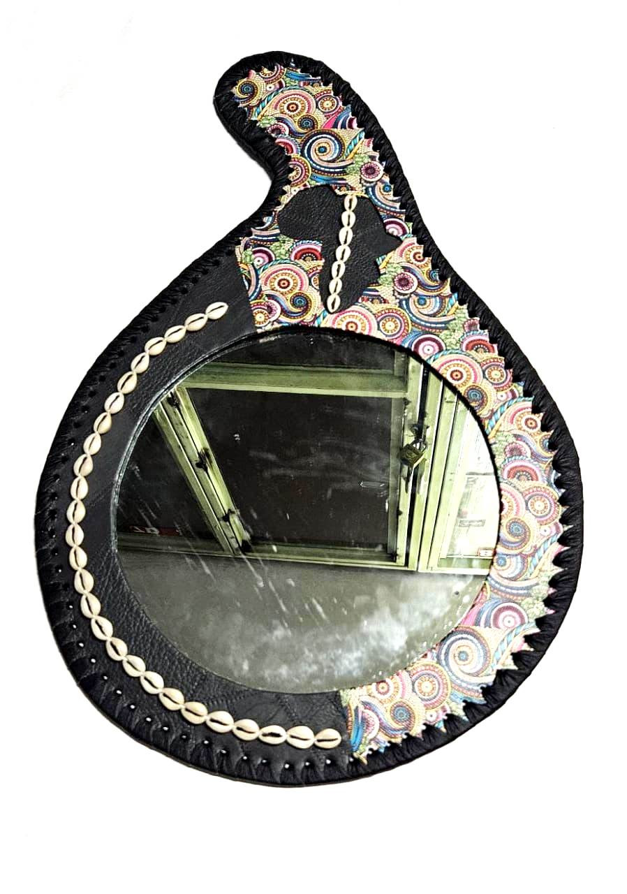 Black Leather  Multicolor African calabash Mirror