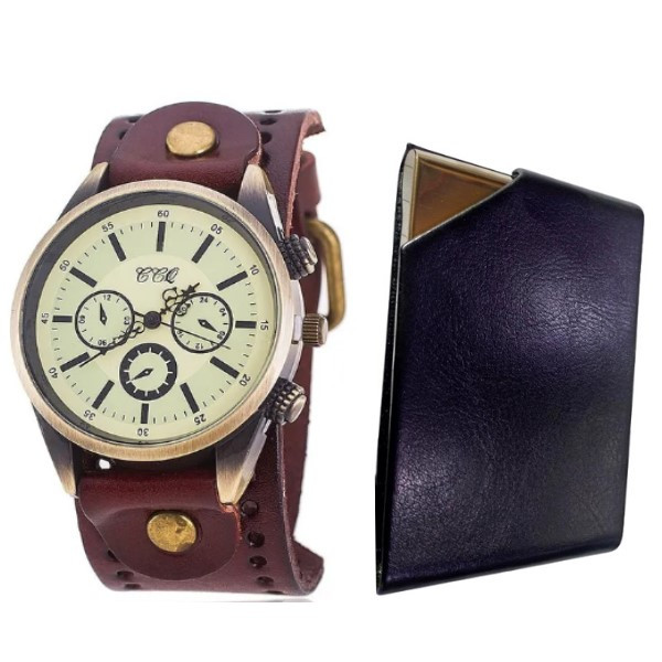 Mens Dark brown leather watch and black cardholder combo