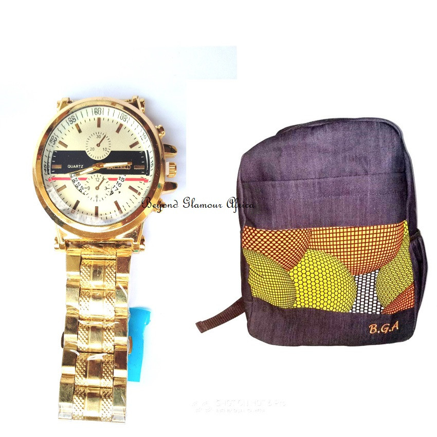 Mens and Womens Denim yellow ankara backpack with watch combo