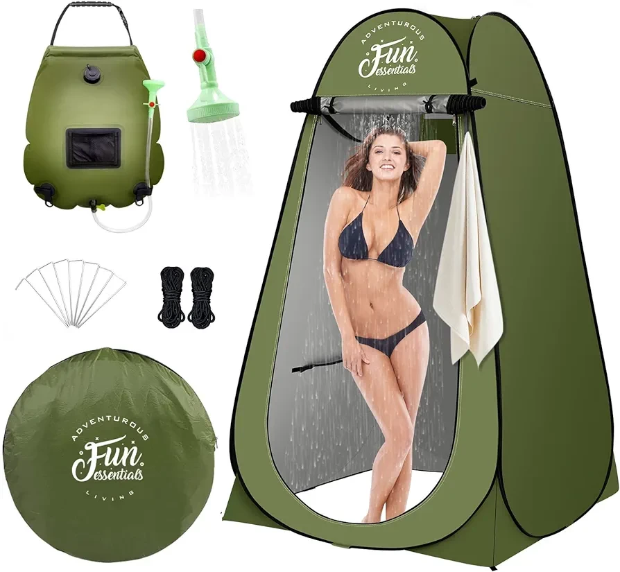 FUN ESSENTIALS Solar Shower Tent Kit, 2 Pcs, Instant Pop Up Privacy, 5 Gallon Solar Shower Bag, Sun Canopy Beach Outdoor Camp Privacy Tent, Easy Set Up, Foldable
