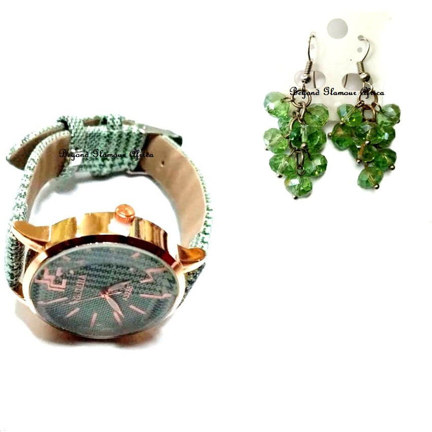 Womens Green leather watch with crystal earrings