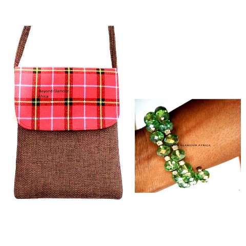 Womens Classic Maasai jute sling bag with green crystal spiral crystal bracelet