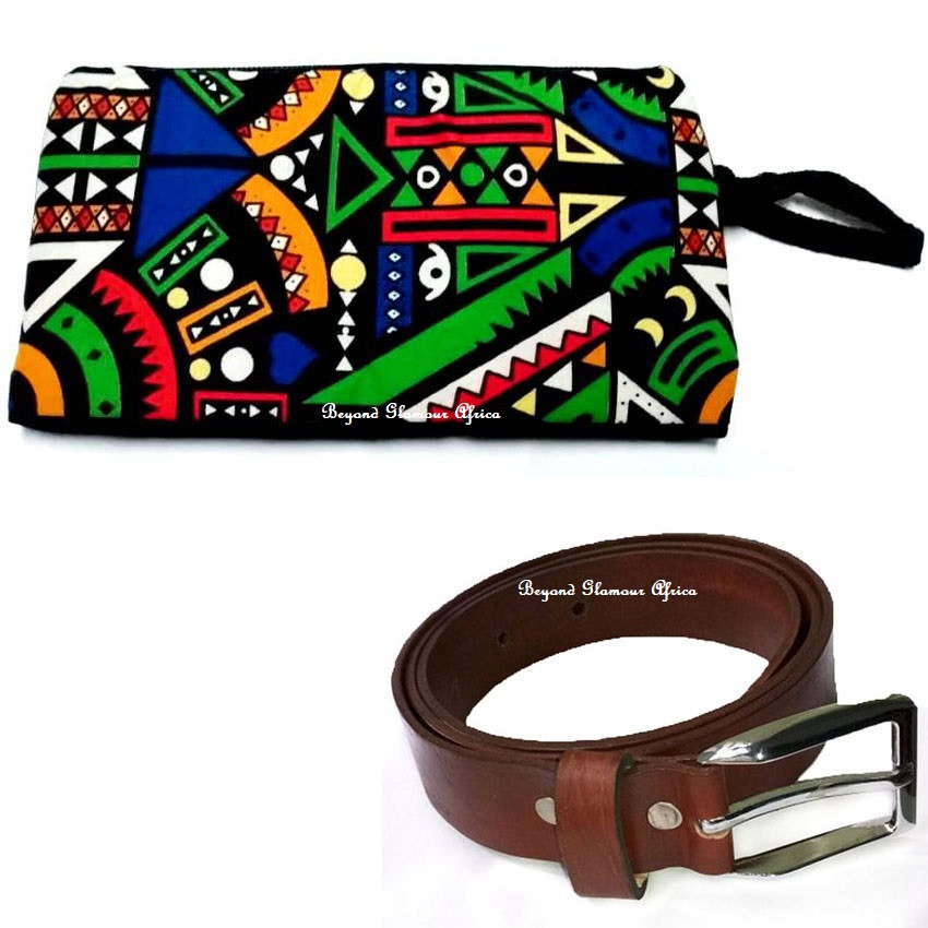 Mens Brown Leather belt with denim ankara pouch