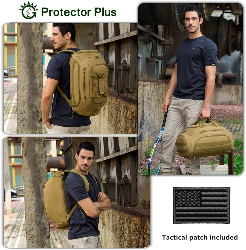 Protector Plus Tactical Duffle Bag Men Sports Gym Backpack Military MOLLE Luggage Suitcase Travel Camping Outdoor Rucksack (Rain Cover & Patch Included), Brown, 45L