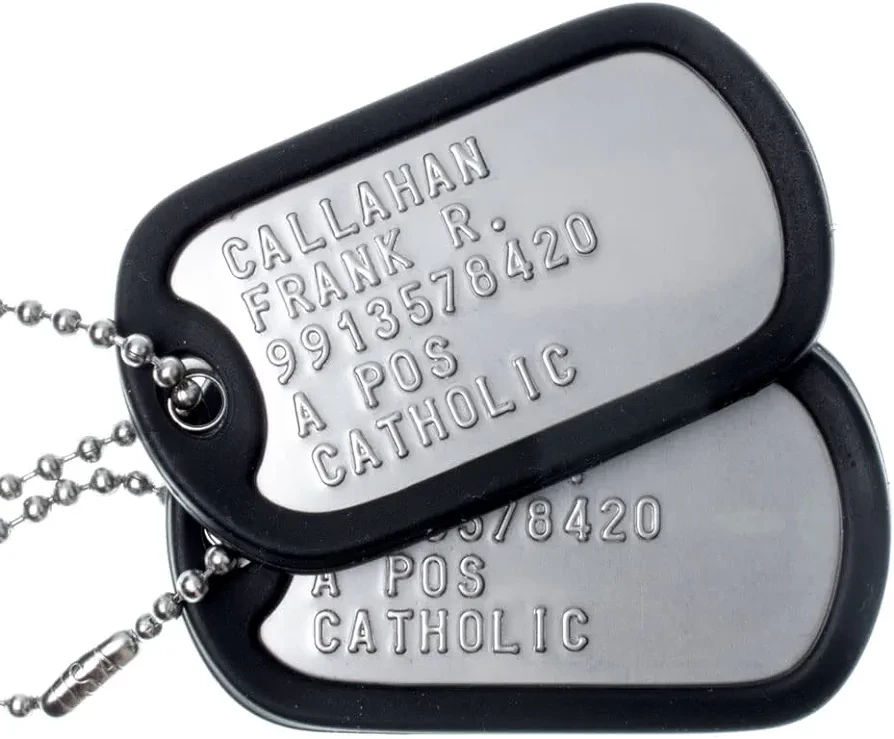 Stainless Steel Dog Tags Military Set Complete with Chains & Black Silencers