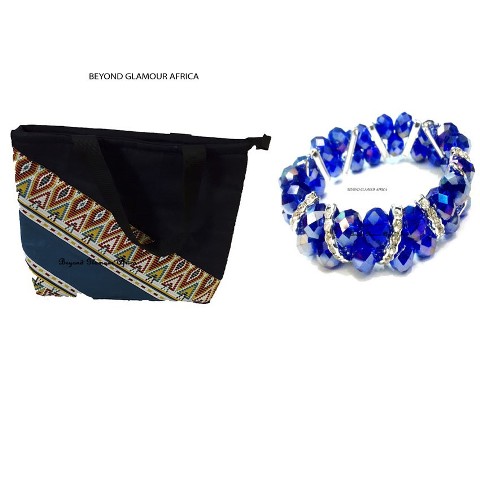 Womens Blue Denim Handbag with crystal Blue Bracelets