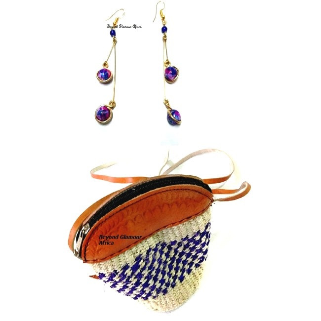 Womens Purple striped sisal kiondo with matching earrings
