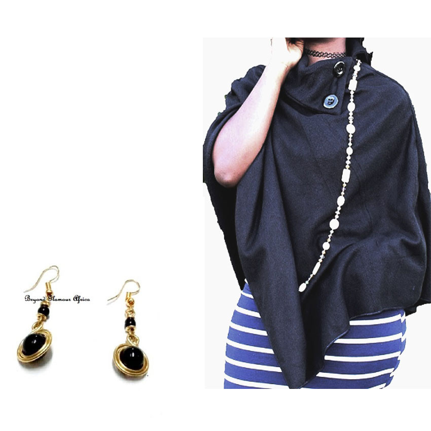 Womens Black Cotton Poncho with earrings