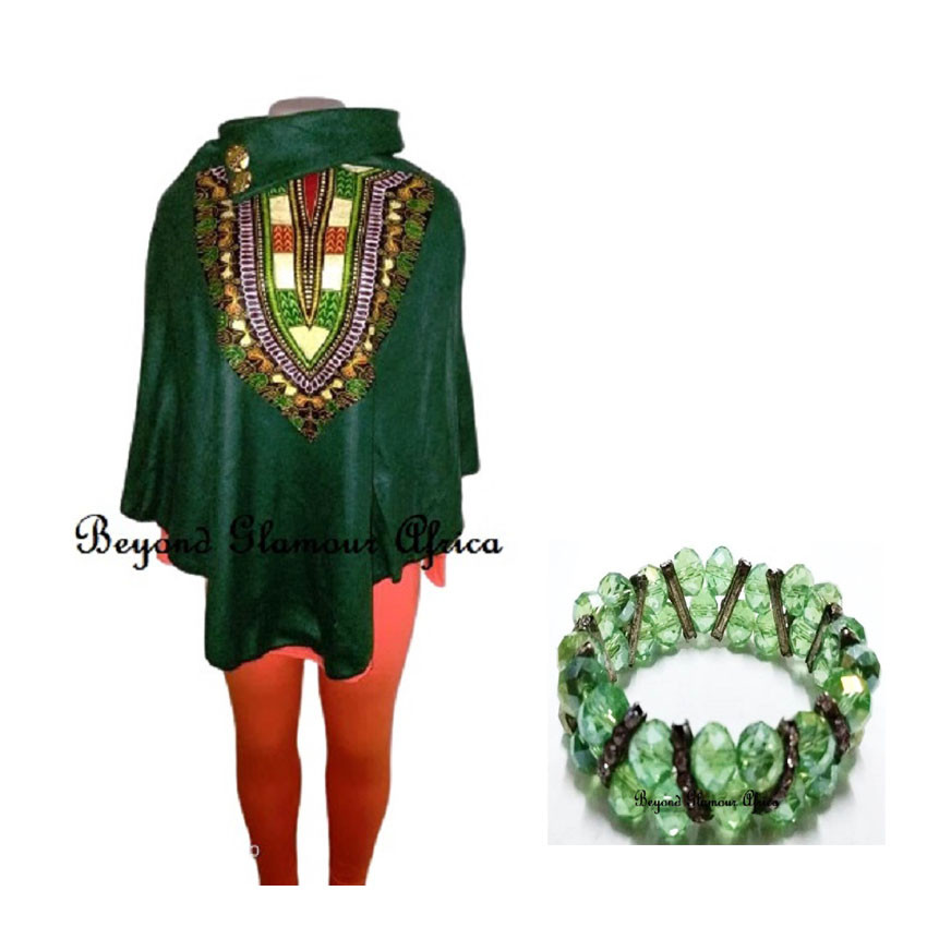 Womens Green cotton dashiki with crystal bracelet