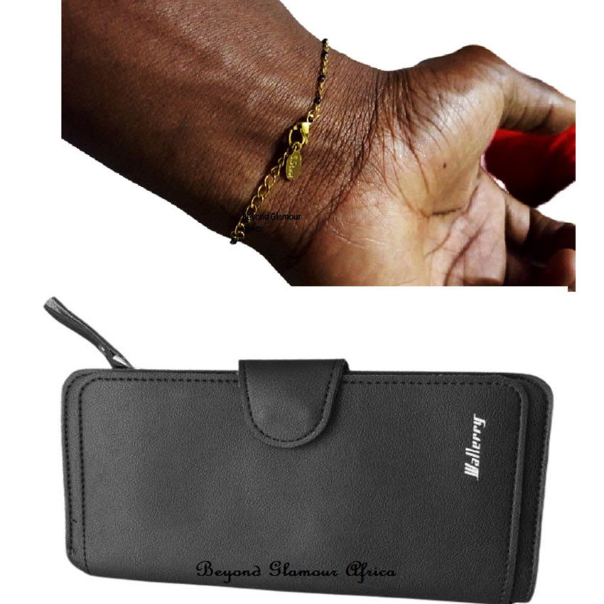 Womens Black leather wallet with  chain bracelet