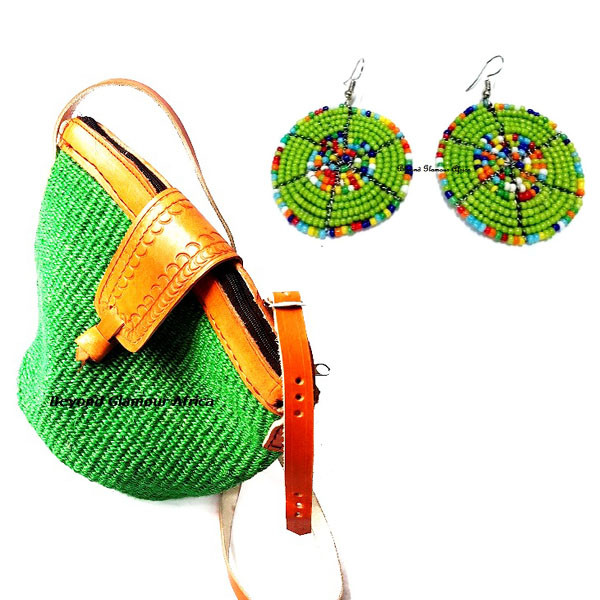 Womens Medium Green  kiondo with maasai  earrings