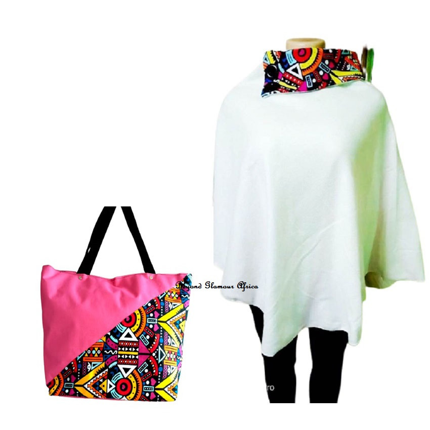 Womens Ankara cream poncho + canvas bag