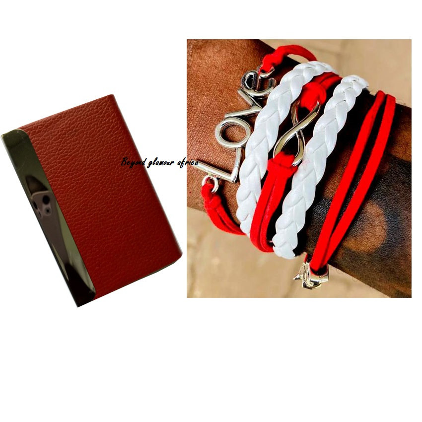 Red Leather bracelet with cardholder case combo
