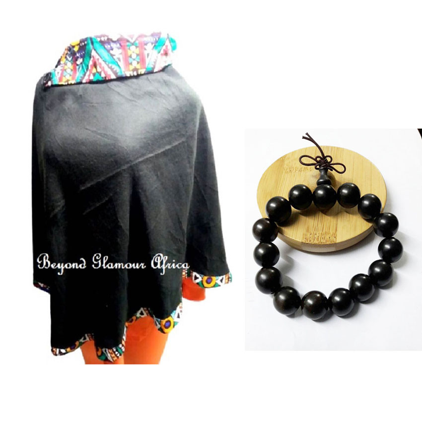 Women's Black ankara  poncho with wooden bracelet