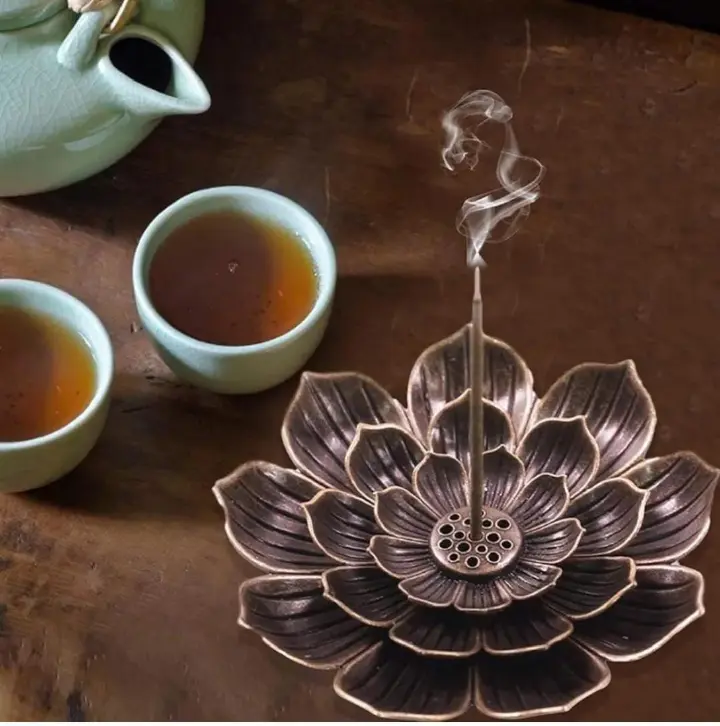 Lotus Incense Holder Brass Stick Incense Holder Cone Coil Incense Burner with Detachable Ash Catcher for Home Office Yoga Meditation