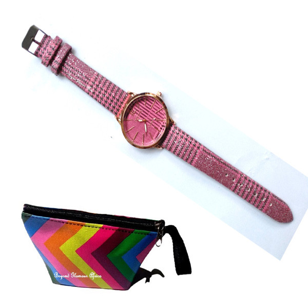 Womens Pink leather Watch with Pouch