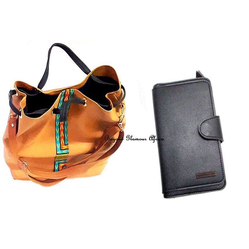 Womens Beige leather ankara handbag with wallet
