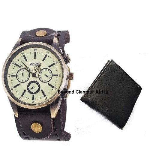 Mens Black Leather watch with leather wallet