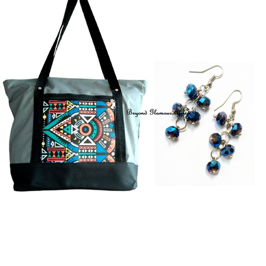 Womens Grey ankara canvas bag with earrings combo