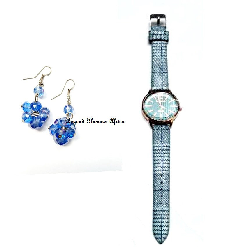Womens Blue leather watch with earrings