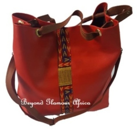 Ladies Red Ankara Print Leather Handbag