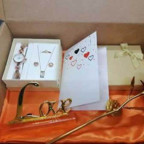 Gift Hamper with Watch, Earrings, Necklace, Ring, Artificial Rose and Love Stand – Free Card