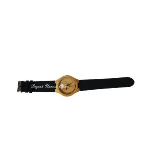 Mens wooden watch with black leather band