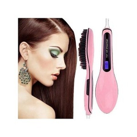 Professional Hair Straightener Comb Brush LCD Display Electric Heating Irons-Pink