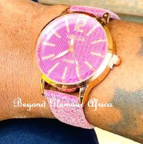 Ladies pink leather glittery watch