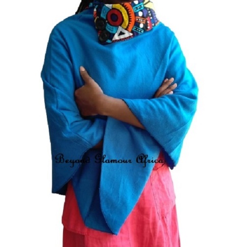 Womens Blue  Poncho with ankara print