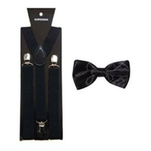 Black Satin Bow Tie with Matching Fully Adjustable Suspender