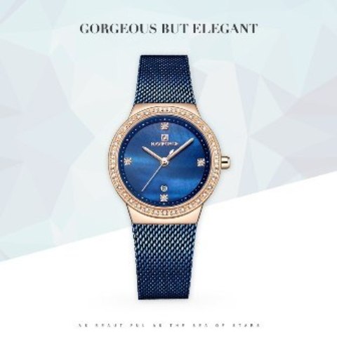 NAVIFORCE Elegant Quartz Women Watches Top Brand Luxury Rhinestone Iced Out Ladies Watch Steel Mesh Strap Blue Wristwatches Valentine Gifts