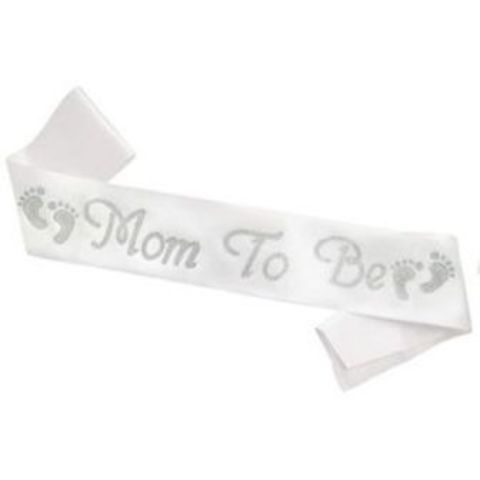 White Mom to be Sash Satin with Silver Glitter Baby Shower