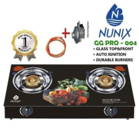 Nunix Glass Table Top Double Burner Gas Stove + Pipe & Regulator