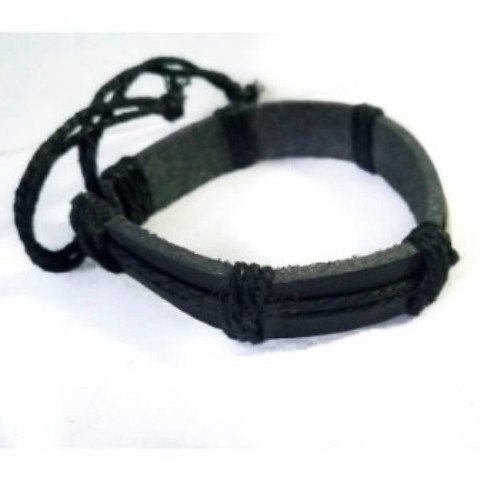 Black Leather Bracelet with String Dividers