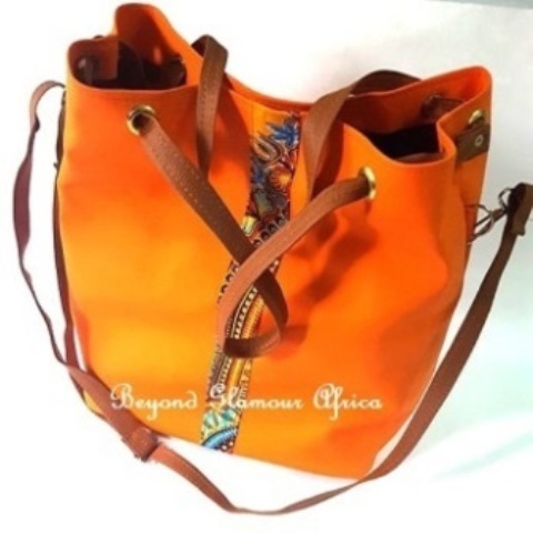Ladies Orange Ankara Print Leather Handbag