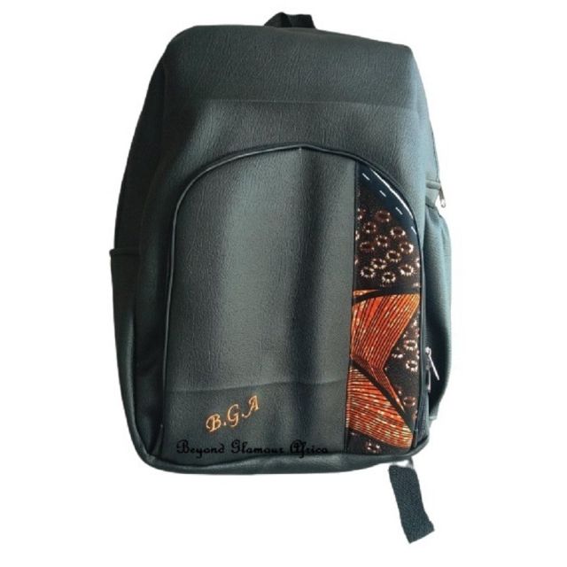 men and women's Black Leather with brown ankara laptop Backpack