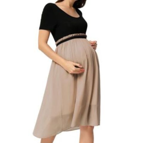 MC Short Sleeve Cotton-Chiffon Maternity Dress- Black-Beige
