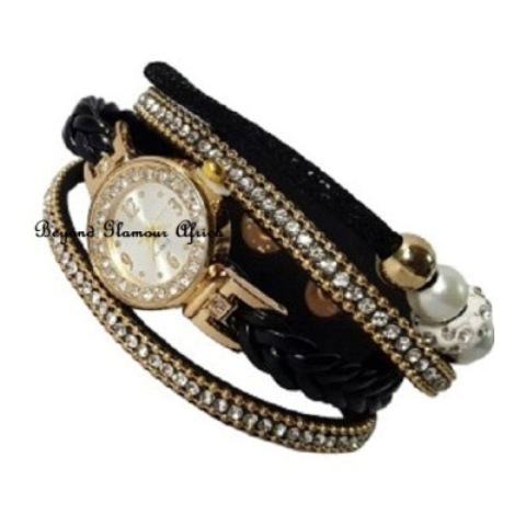 Ladies black bracelet Leather watch