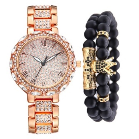 Classic-Style Fashion Luxury Steel Belt Quartz Watch + Bracelet Set (3 Pieces)