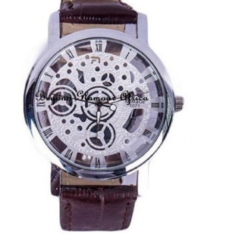 Unisex  Maroon  leather skeleton watch
