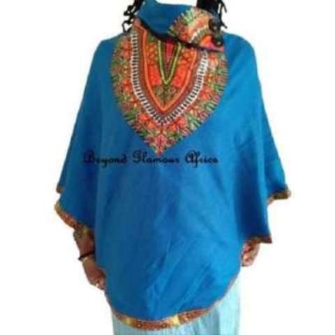 Blue Cotton Poncho With Dashiki Print