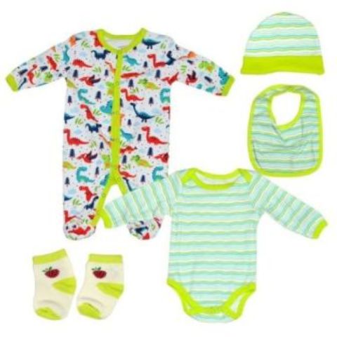 Baby Boy 5 Piece Jumpsuit Clothes Set - White & Green