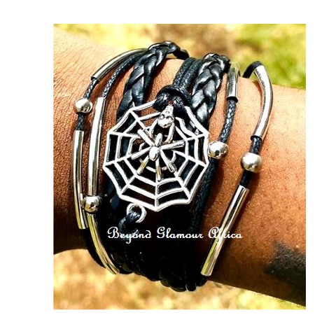 Silver web Multi layered Black Leather Bracelet