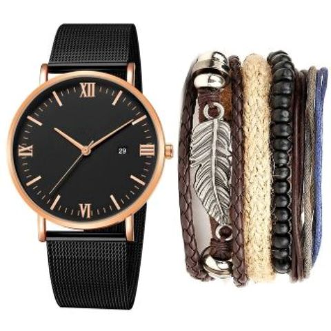 New Luxury Watch Round Dial Stainless Mesh Strap Band Men Date Quartz Wrist Watch Bracelet