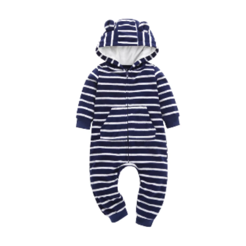 Polar Fleece Hooded Baby Jumpsuit - Blue Stripped