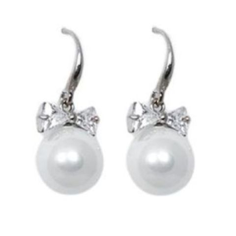 Silver Coated With Off White Pearl Butterfly Bow Earrings