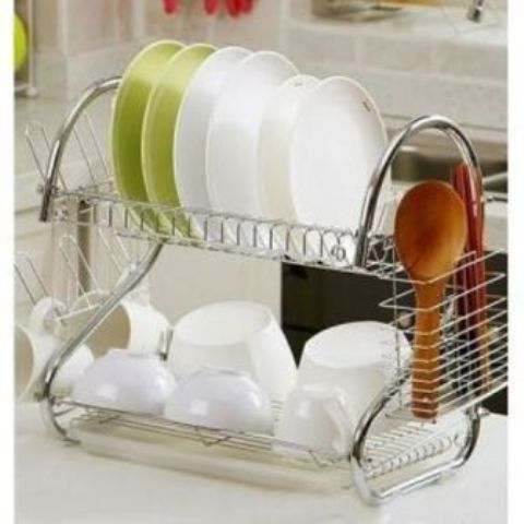 Dish Rack 2 Tier, Modern Design Stainless Steel, INCLUDES Cutlery Holder and Drain Board For Quick Utensils Drying