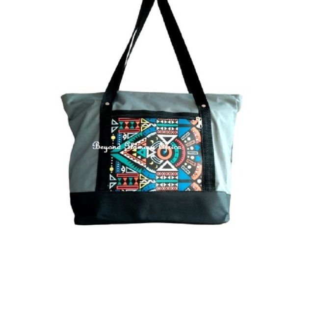 Womens Grey ankara canvas handbag